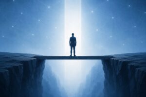 Professional standing on bridge with beam of light symbolizing the leadership gap exposed by AI in middle management