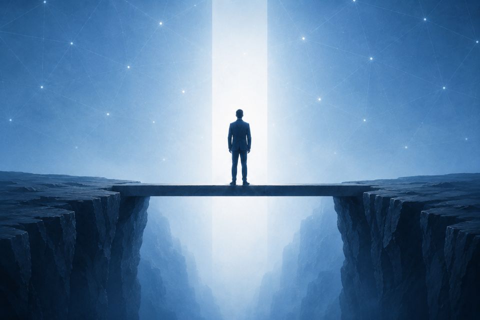 Professional standing on bridge with beam of light symbolizing the leadership gap exposed by AI in middle management