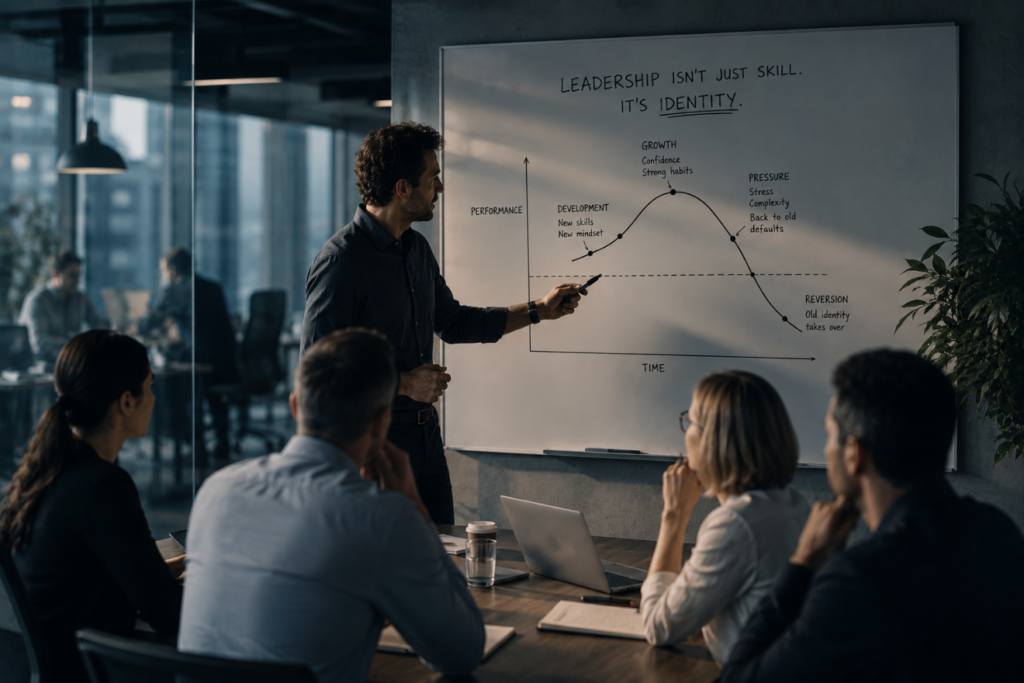 Leader diagrams the leadership under pressure curve on a whiteboard as four seated colleagues watch in a dark office
