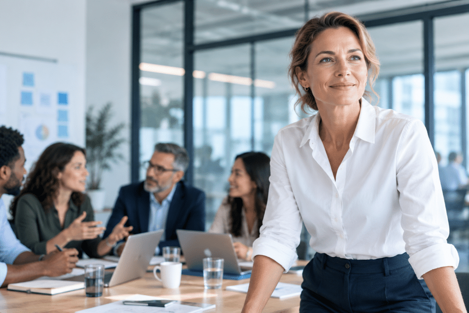Change leadership in action: a confident leader in a white shirt stands at a table while her team talks in a bright office